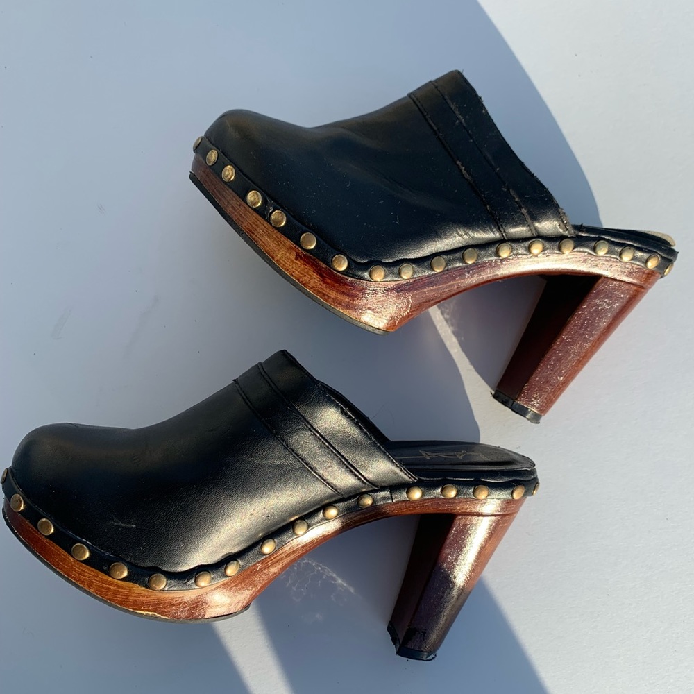 USED. Black and wood clogs. Gold studs. See photos. Size 8